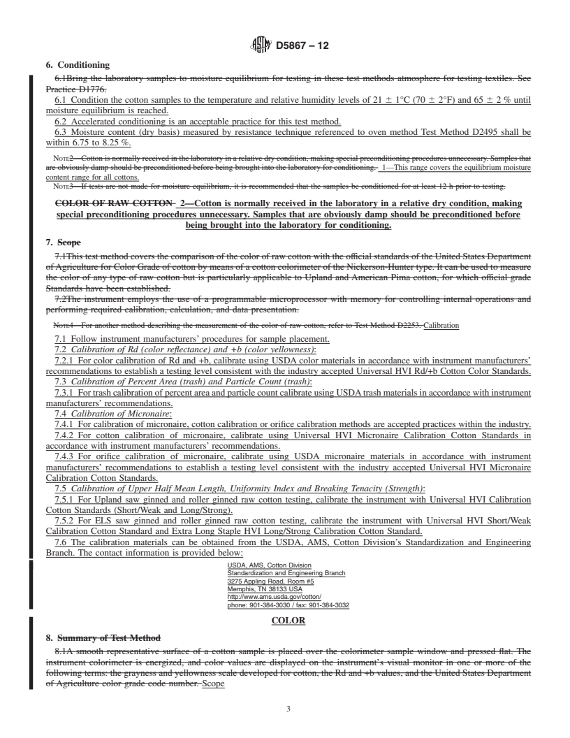 REDLINE ASTM D5867-12 - Standard Test Methods for Measurement of Physical Properties of Raw Cotton by Cotton Classification Instruments