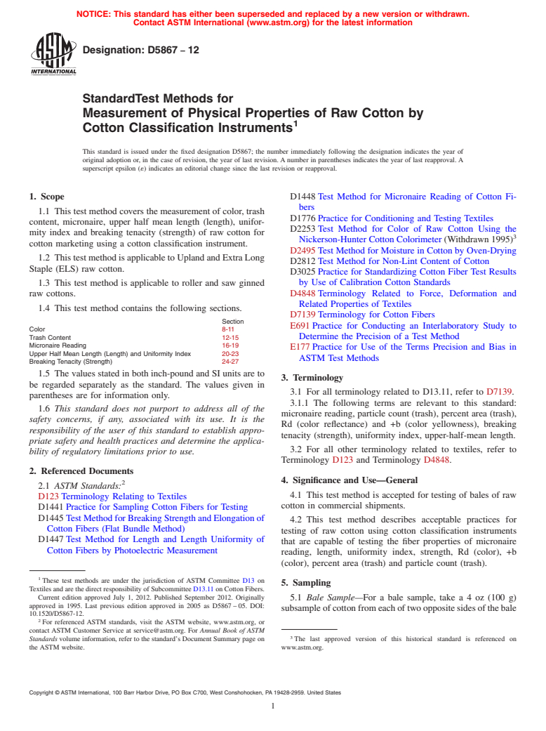 ASTM D5867-12 - Standard Test Methods for Measurement of Physical Properties of Raw Cotton by Cotton Classification Instruments