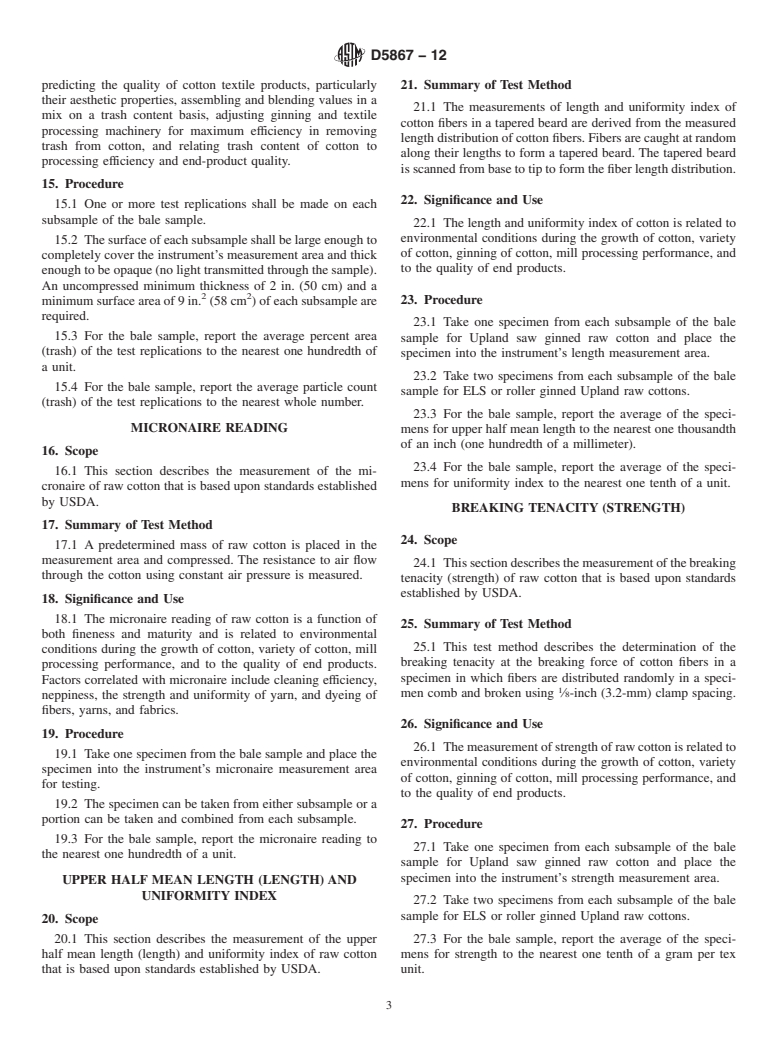 ASTM D5867-12 - Standard Test Methods for Measurement of Physical Properties of Raw Cotton by Cotton Classification Instruments