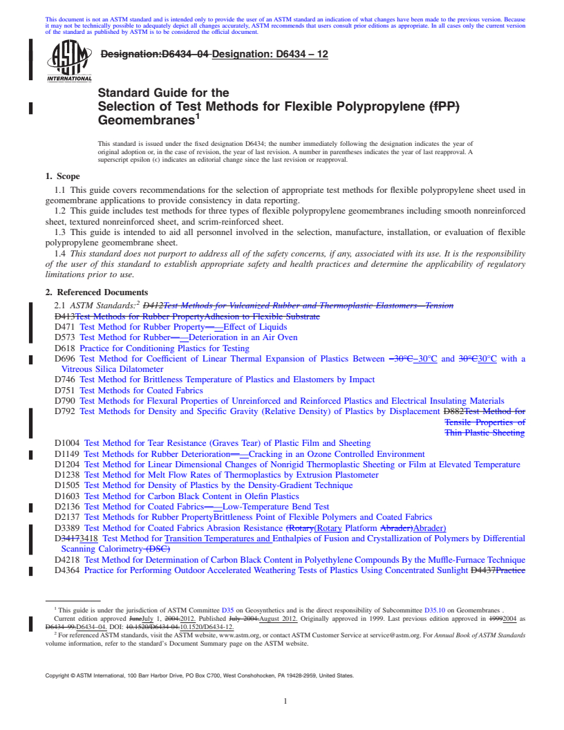 REDLINE ASTM D6434-12 - Standard Guide for the Selection of Test Methods for Flexible Polypropylene Geomembranes