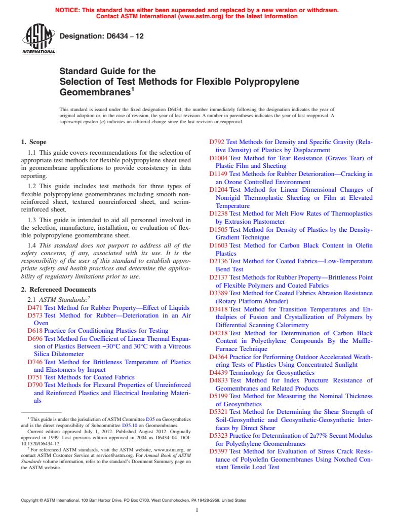 ASTM D6434-12 - Standard Guide for the Selection of Test Methods for Flexible Polypropylene Geomembranes