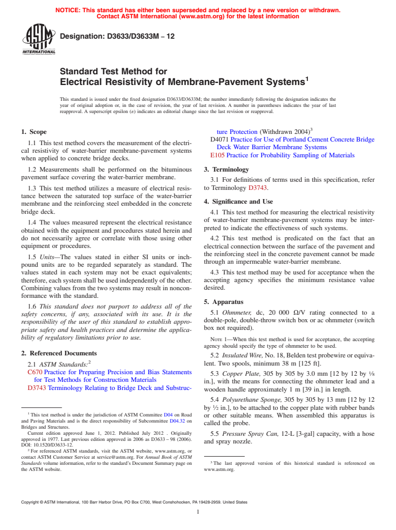 ASTM D3633/D3633M-12 - Standard Test Method for Electrical Resistivity of Membrane-Pavement Systems