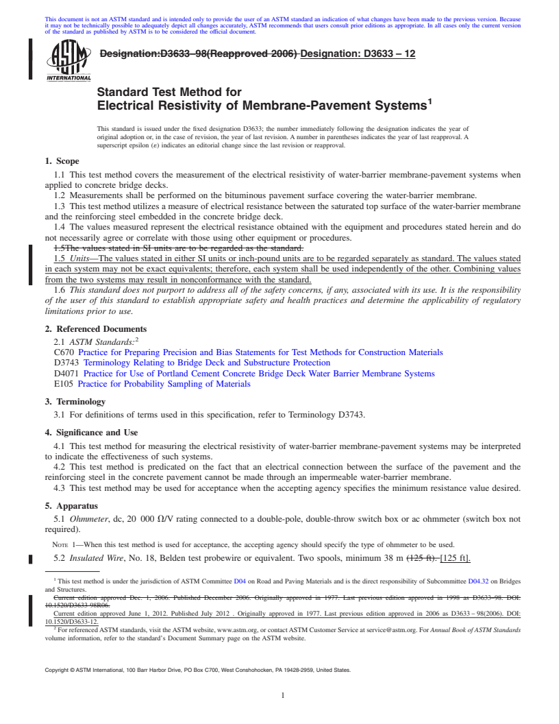 REDLINE ASTM D3633/D3633M-12 - Standard Test Method for Electrical Resistivity of Membrane-Pavement Systems