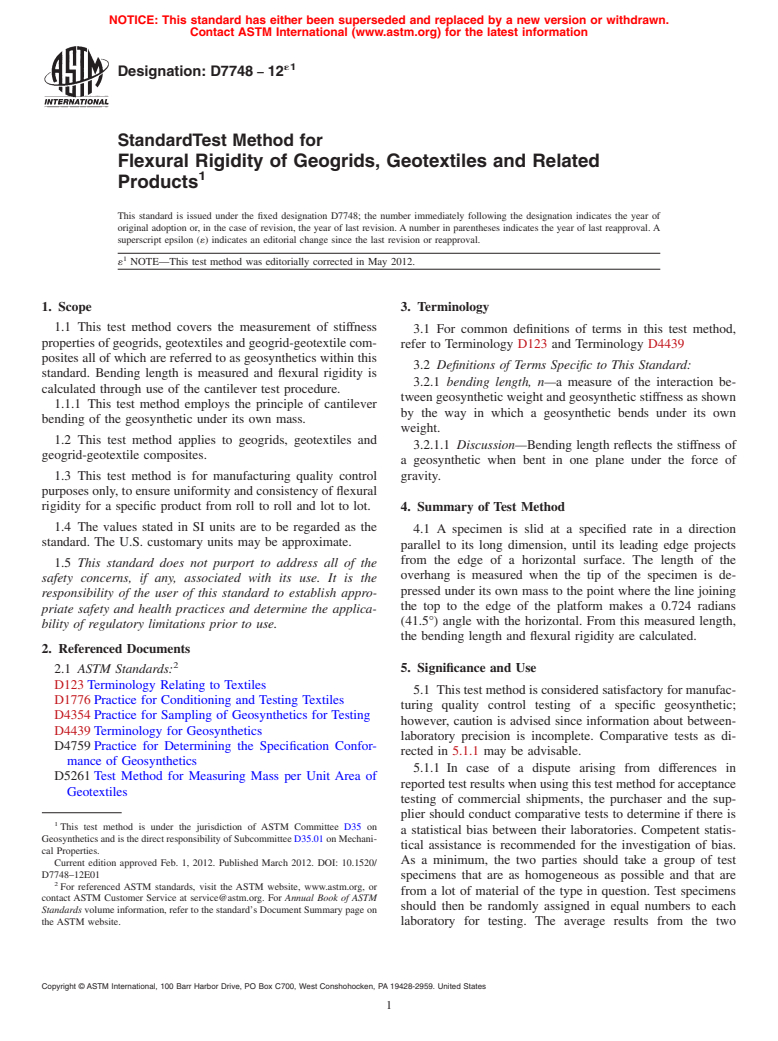 ASTM D7748-12e1 - Standard Test Method for  Flexural Rigidity of Geogrids, Geotextiles and Related Products