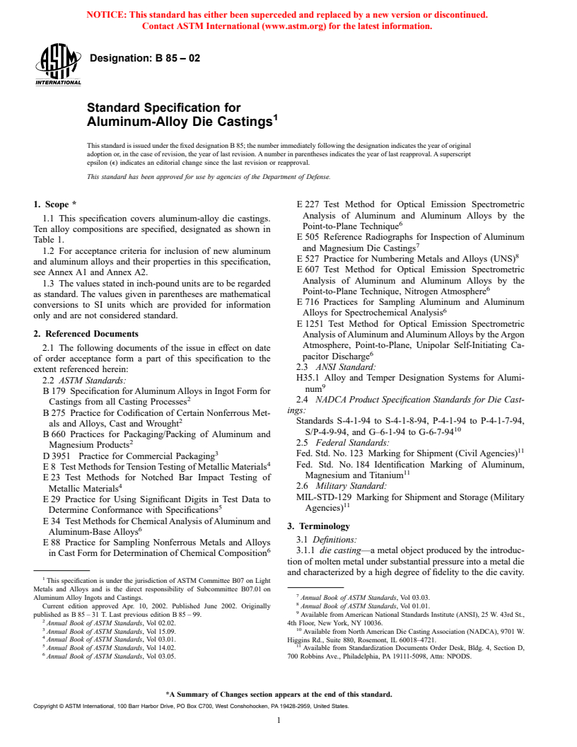 ASTM B85-02 - Standard Specification for Aluminum-Alloy Die Castings