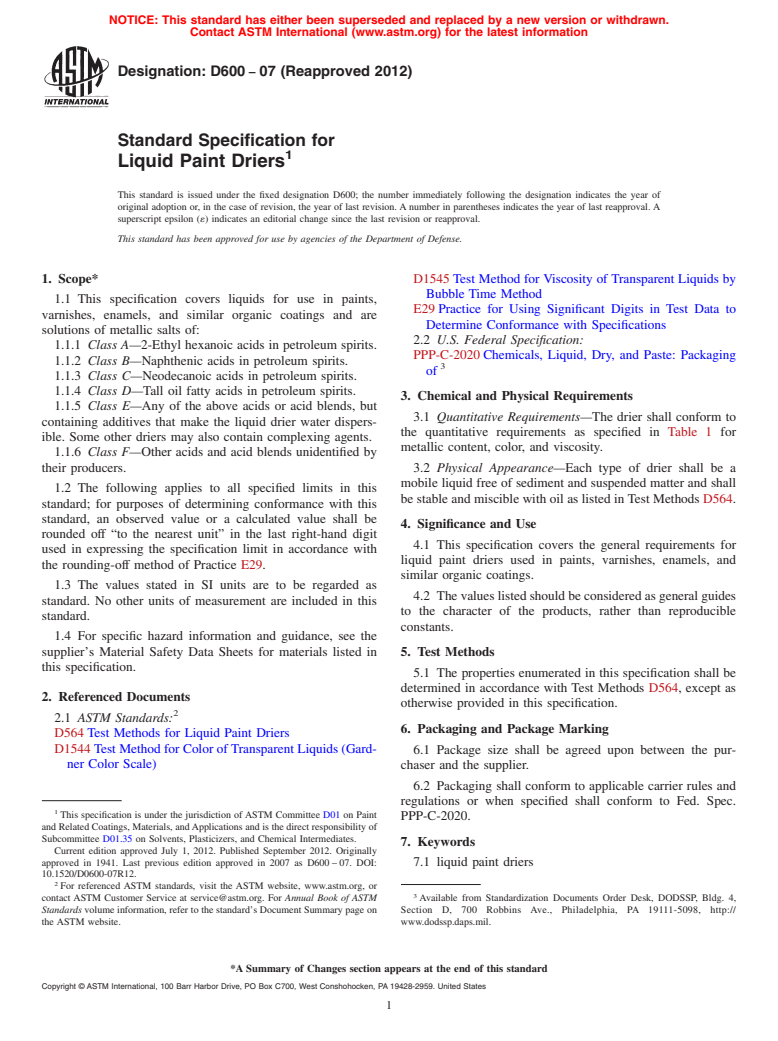 ASTM D600-07(2012) - Standard Specification for  Liquid Paint Driers (Withdrawn 2021)