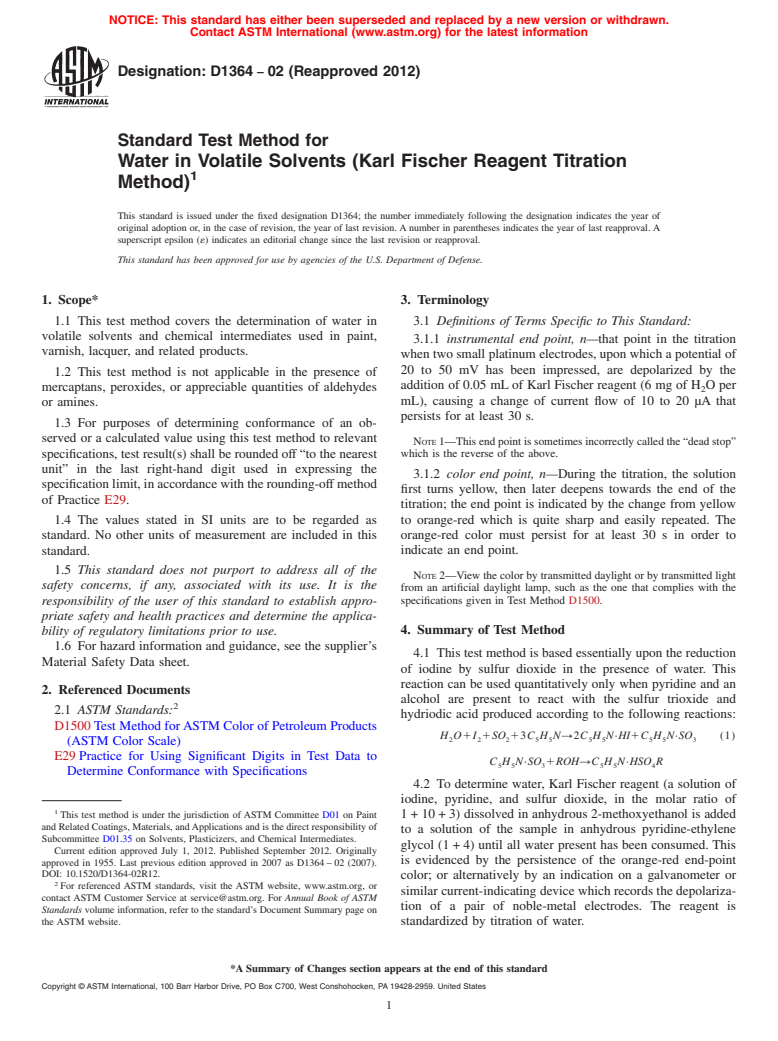 ASTM D1364-02(2012) - Standard Test Method for  Water in Volatile Solvents (Karl Fischer Reagent Titration   Method) (Withdrawn 2021)