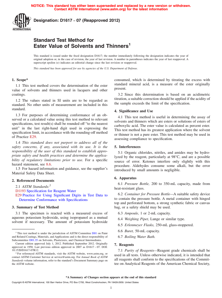 ASTM D1617-07(2012) - Standard Test Method for  Ester Value of Solvents and Thinners (Withdrawn 2021)