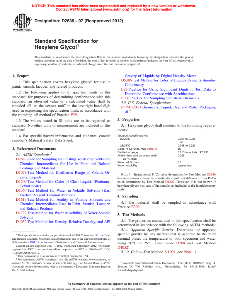 ASTM D2636-07(2012) - Standard Specification for Hexylene Glycol (Withdrawn 2021)