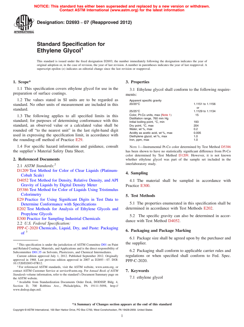 ASTM D2693-07(2012) - Standard Specification for Ethylene Glycol (Withdrawn 2021)