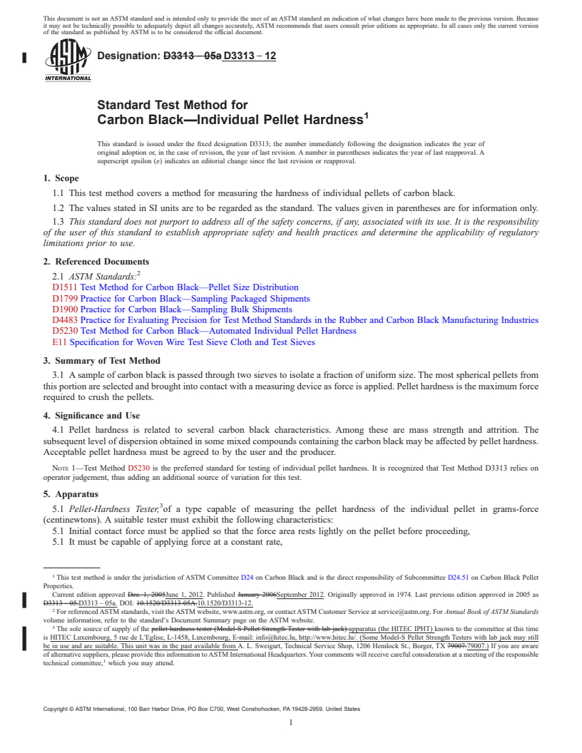 REDLINE ASTM D3313-12 - Standard Test Method for  Carbon Black&mdash;Individual Pellet Hardness