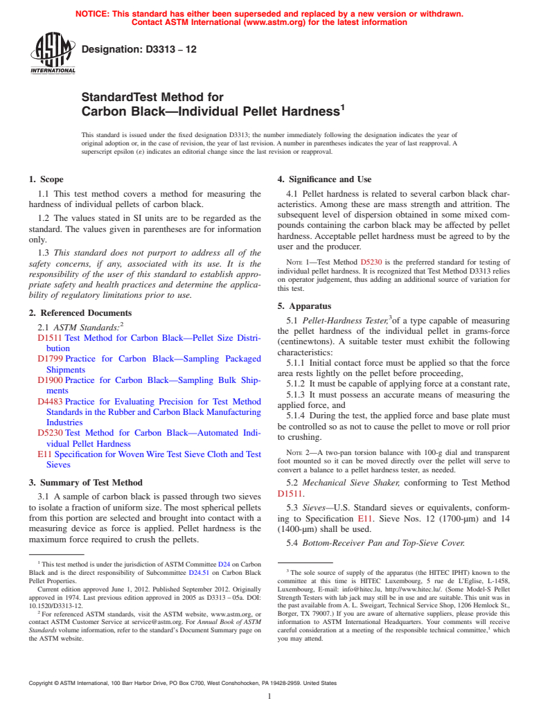 ASTM D3313-12 - Standard Test Method for  Carbon Black&mdash;Individual Pellet Hardness