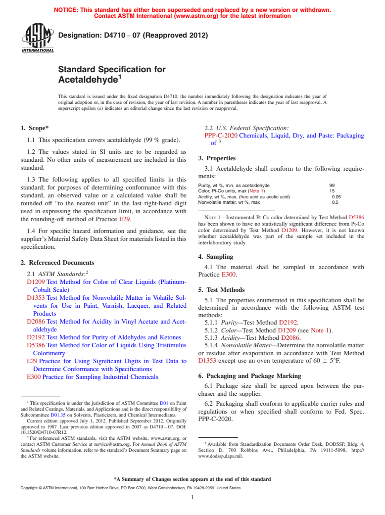 ASTM D4710-07(2012) - Standard Specification for Acetaldehyde (Withdrawn 2021)