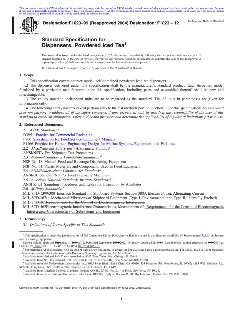 REDLINE ASTM F1023-12 - Standard Specification for  Dispensers, Powdered Iced Tea