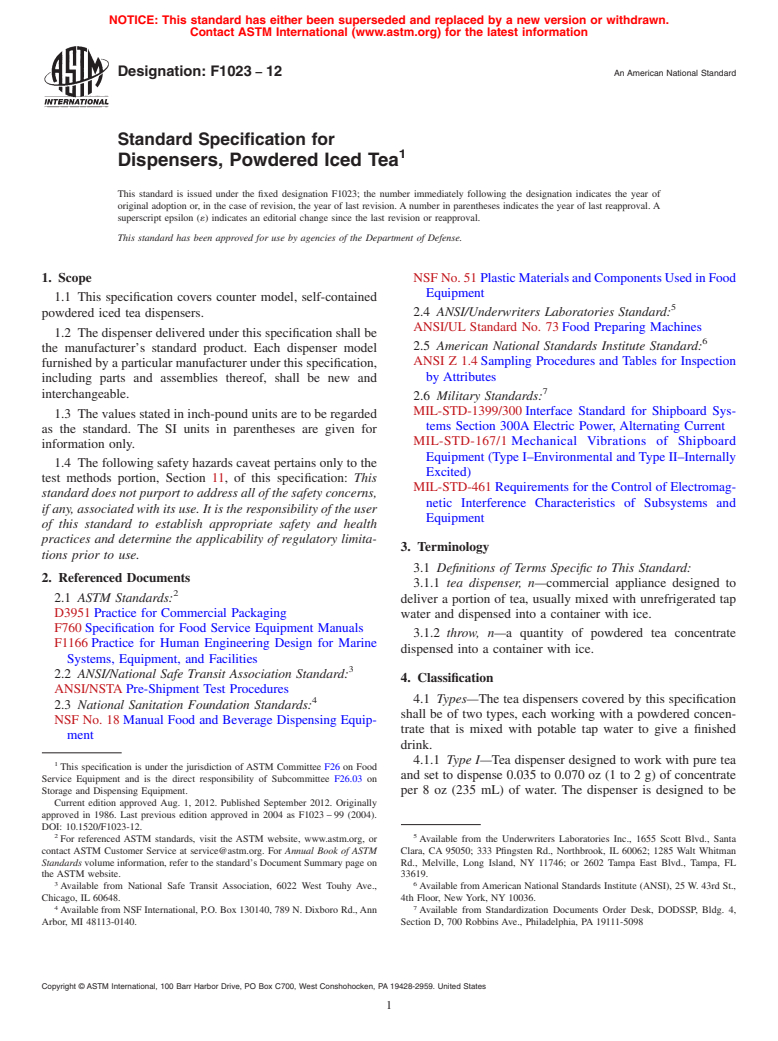 ASTM F1023-12 - Standard Specification for  Dispensers, Powdered Iced Tea