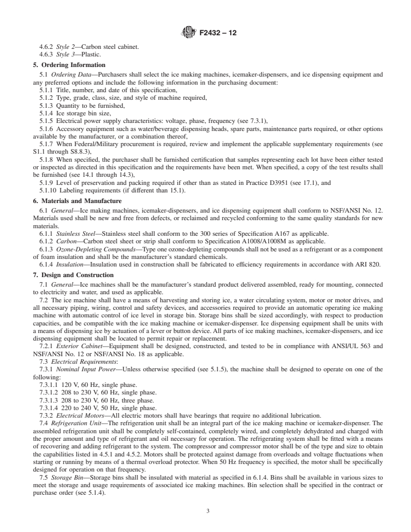 REDLINE ASTM F2432-12 - Standard Specification for Ice Making Machines, Icemaker-Dispensers, and Ice Dispensing Equipment