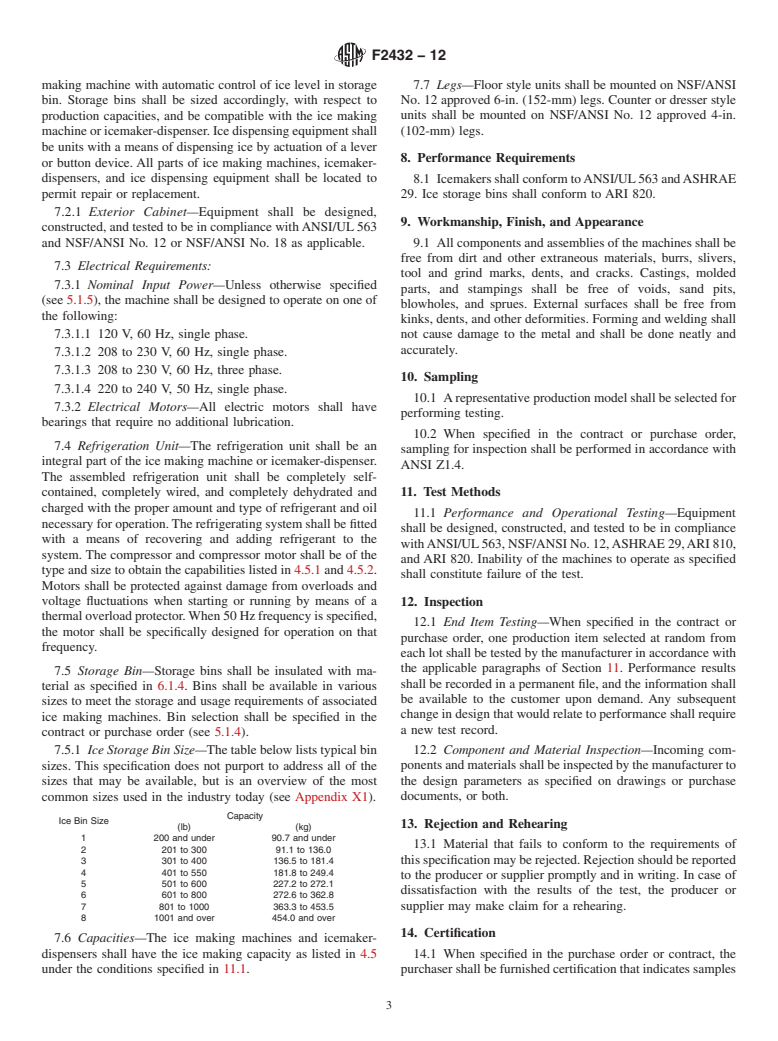 ASTM F2432-12 - Standard Specification for Ice Making Machines, Icemaker-Dispensers, and Ice Dispensing Equipment