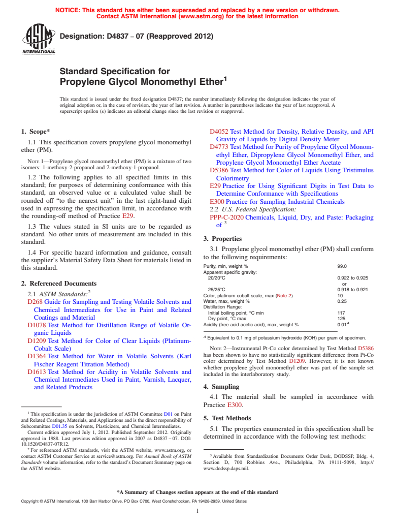 ASTM D4837-07(2012) - Standard Specification for Propylene Glycol Monomethyl Ether (Withdrawn 2021)