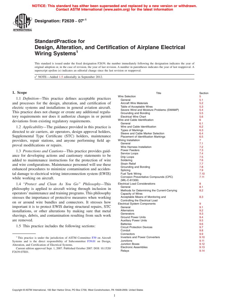 ASTM F2639-07e1 - Standard Practice for Design, Alteration, and Certification of Airplane Electrical Wiring Systems