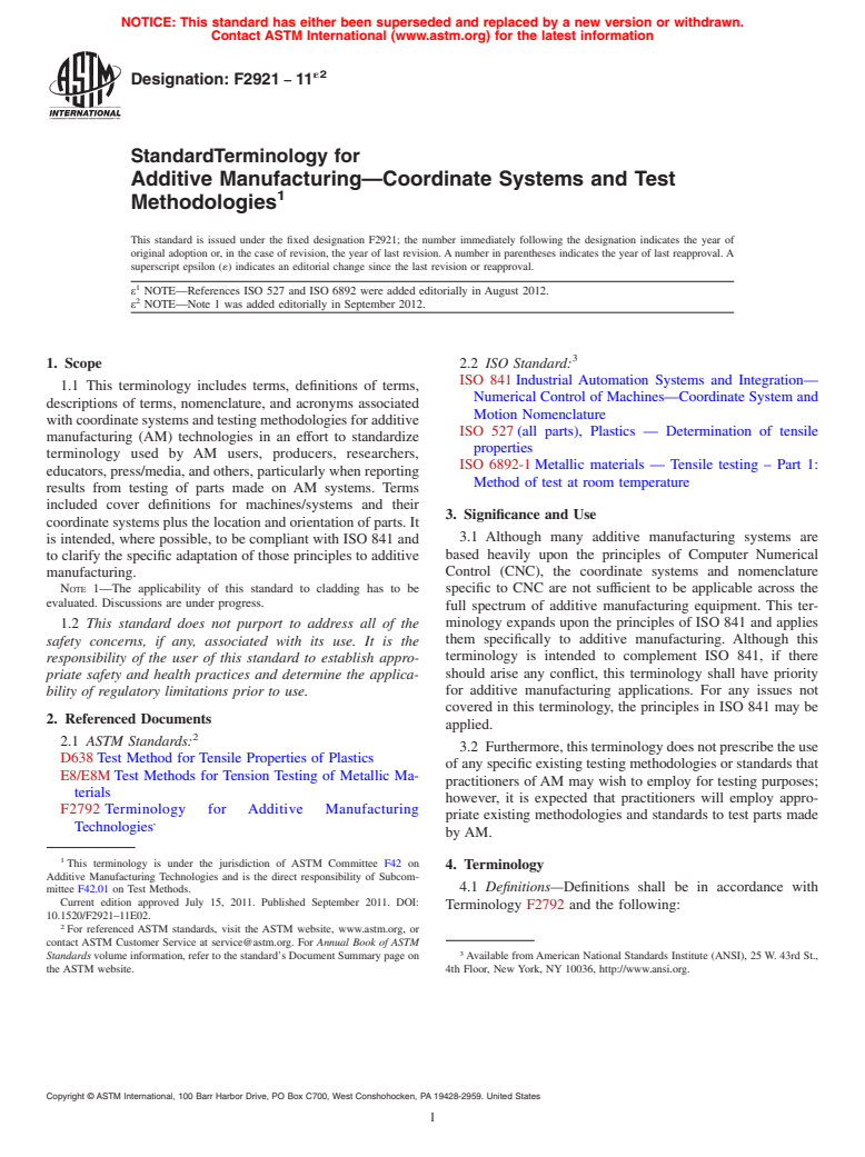 ASTM F2921-11e2 - Standard Terminology for  Additive Manufacturing&mdash;Coordinate Systems and Test Methodologies