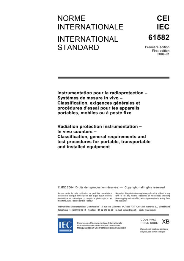 IEC 61582:2004 - Radiation protection instrumentation - In vivo counters - Classification, general requirements and test procedures for portable, transportable and installed equipment