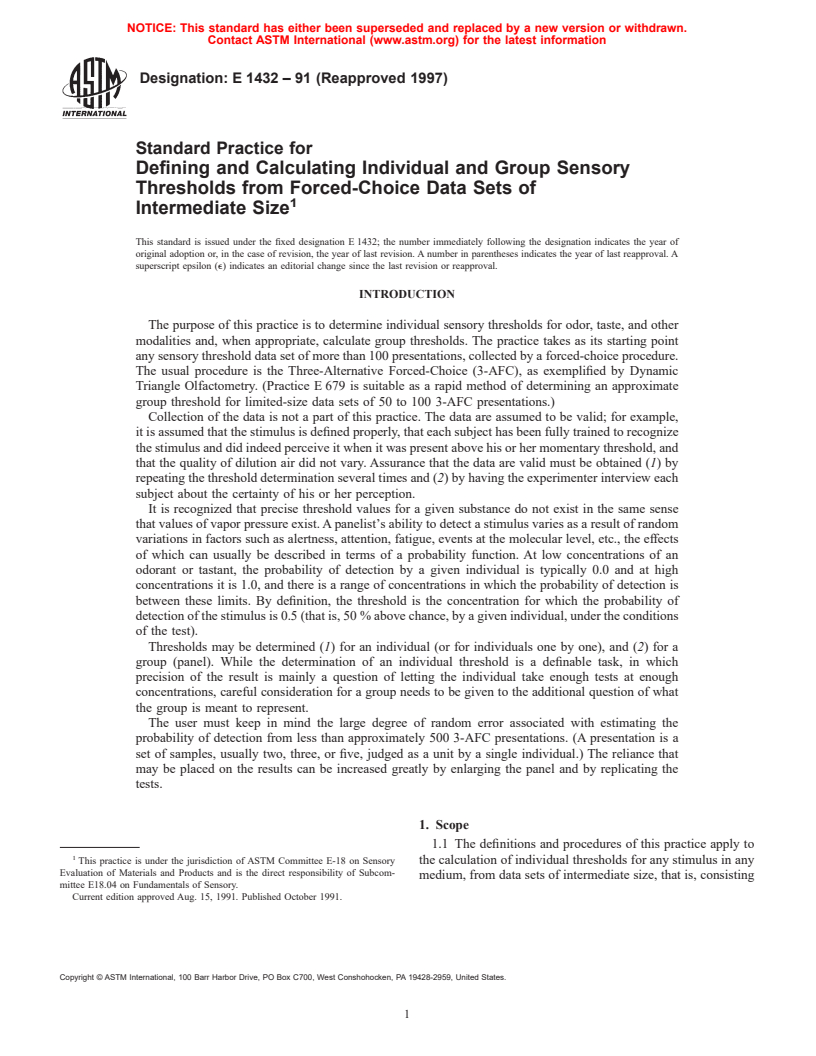 ASTM E1432-91(1997) - Standard Practice for Defining and Calculating Individual and Group Sensory Thresholds from Forced-Choice Data Sets of Intermediate Size