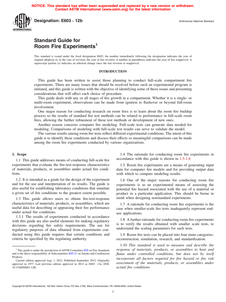 ASTM E603-12b - Standard Guide for Room Fire Experiments