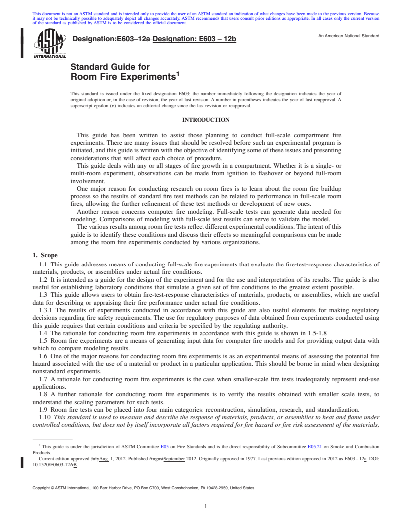 REDLINE ASTM E603-12b - Standard Guide for Room Fire Experiments