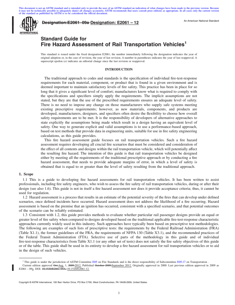 REDLINE ASTM E2061-12 - Standard Guide for Fire Hazard Assessment of Rail Transportation Vehicles