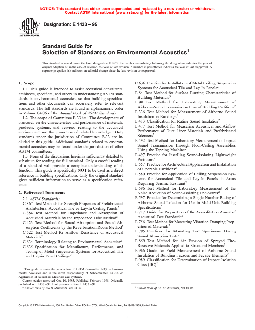 ASTM E1433-95 - Standard Guide for Selection of Standards on Environmental Acoustics