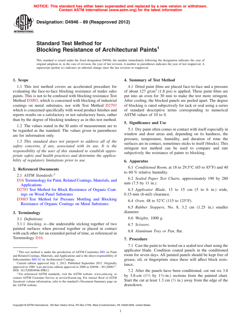 ASTM D4946-89(2012) - Standard Test Method for  Blocking Resistance of Architectural Paints