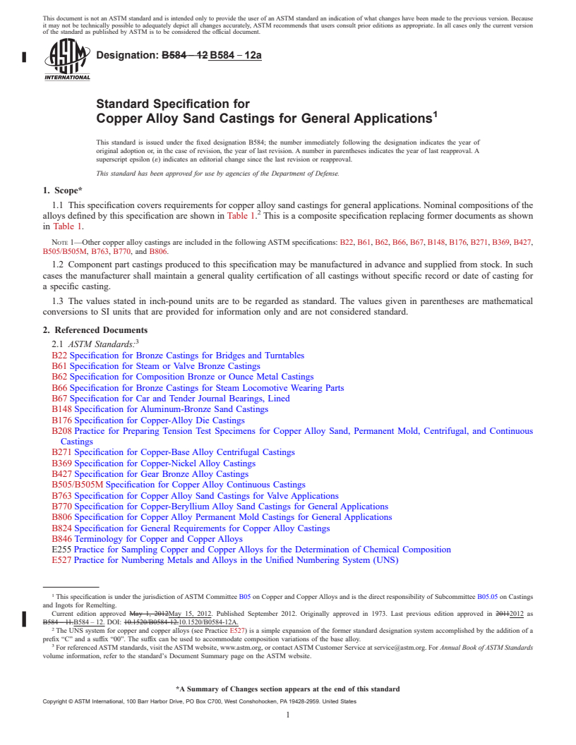 REDLINE ASTM B584-12a - Standard Specification for Copper Alloy Sand Castings for General Applications