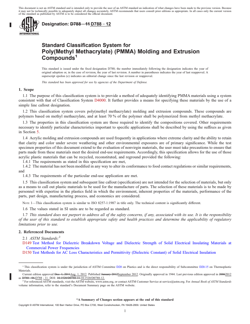 REDLINE ASTM D788-12 - Standard Classification System for Poly(Methyl Methacrylate) (PMMA) Molding and Extrusion Compounds