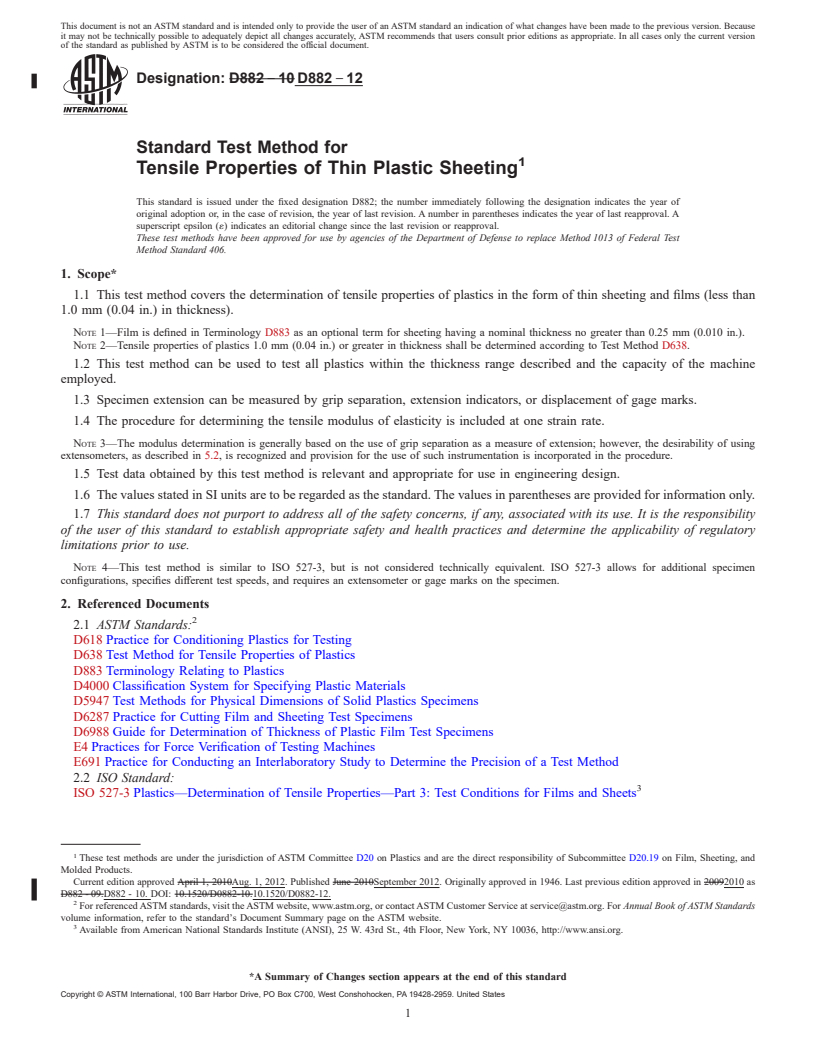 REDLINE ASTM D882-12 - Standard Test Method for  Tensile Properties of Thin Plastic Sheeting