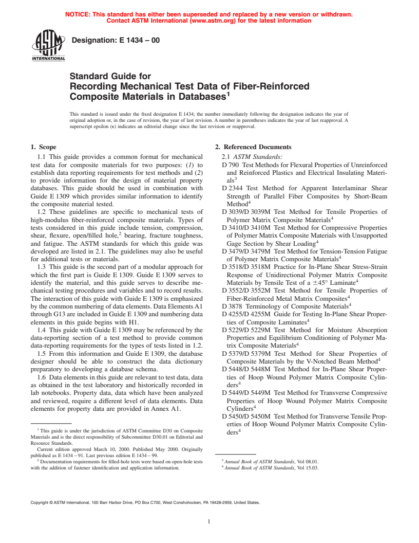 ASTM E1434-00 - Standard Guide for Recording Mechanical Test Data of Fiber-Reinforced Composite Materials in Databases