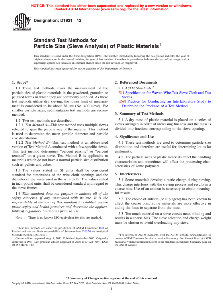 ASTM D1921-12 - Standard Test Methods for  Particle Size (Sieve Analysis) of Plastic Materials