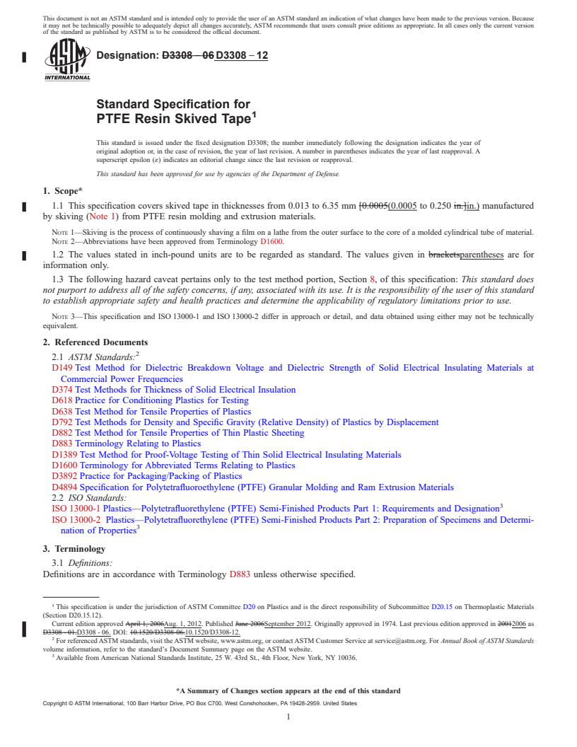 REDLINE ASTM D3308-12 - Standard Specification for PTFE Resin Skived Tape