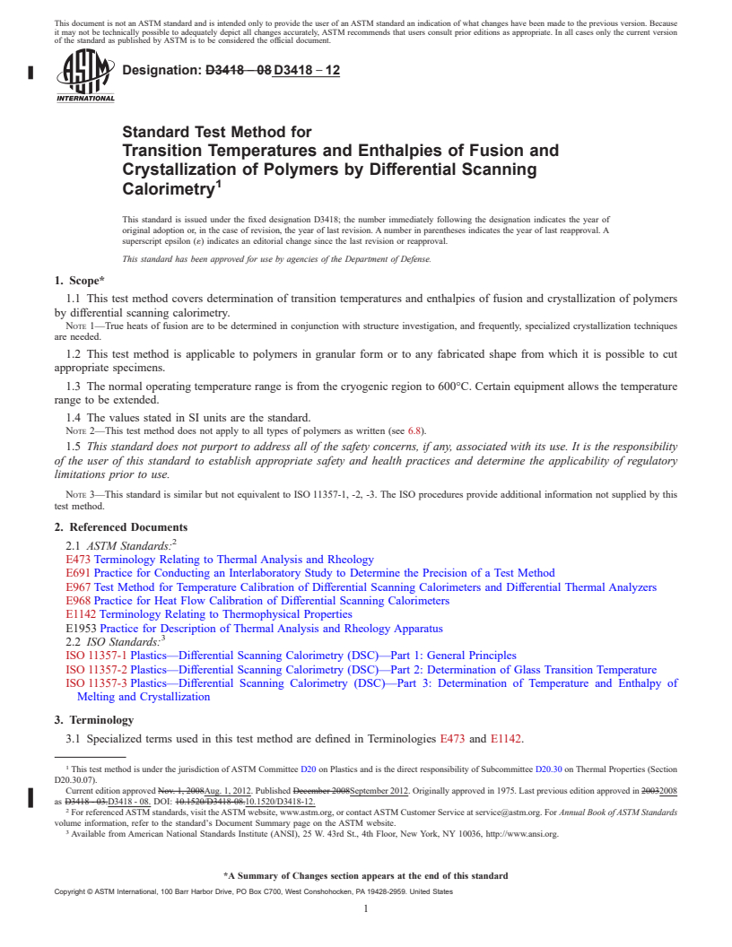 REDLINE ASTM D3418-12 - Standard Test Method for  Transition Temperatures and Enthalpies of Fusion and Crystallization  of Polymers by Differential Scanning Calorimetry