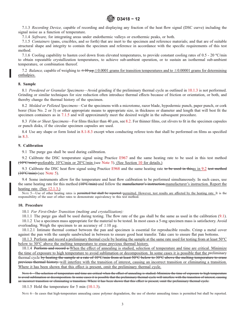 REDLINE ASTM D3418-12 - Standard Test Method for  Transition Temperatures and Enthalpies of Fusion and Crystallization  of Polymers by Differential Scanning Calorimetry