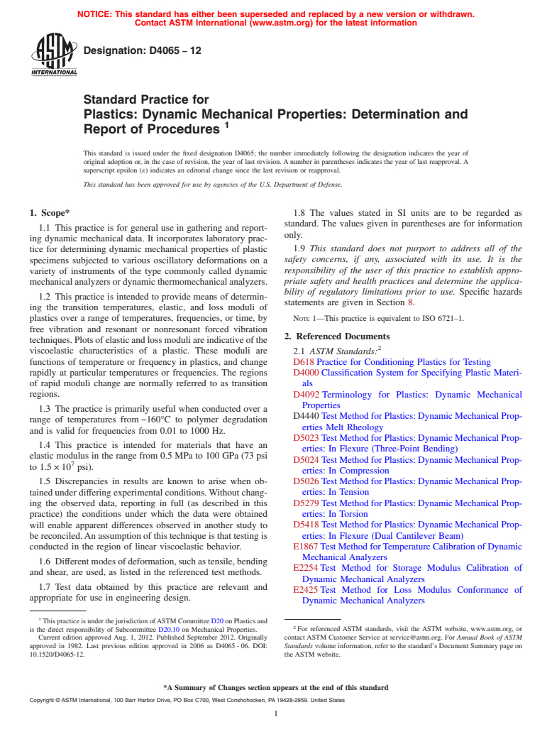 ASTM D4065-12 - Standard Practice for  Plastics: Dynamic Mechanical Properties: Determination and  Report of Procedures