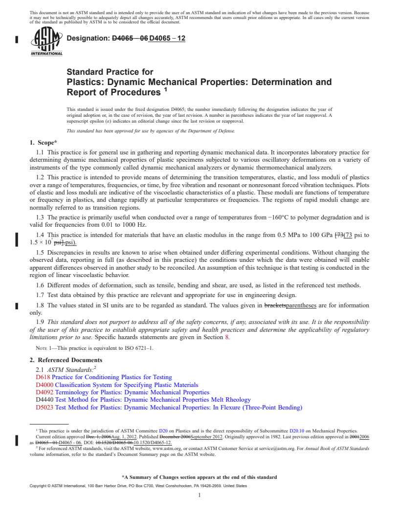 REDLINE ASTM D4065-12 - Standard Practice for  Plastics: Dynamic Mechanical Properties: Determination and  Report of Procedures