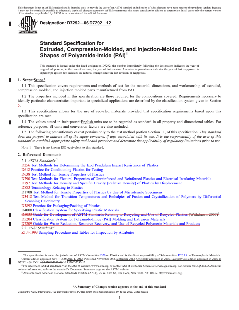 REDLINE ASTM D7292-12 - Standard Specification for Extruded, Compression-Molded, and Injection-Molded Basic Shapes of Polyamide-Imide (PAI)