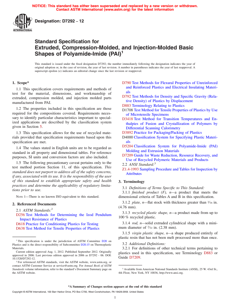 ASTM D7292-12 - Standard Specification for Extruded, Compression-Molded, and Injection-Molded Basic Shapes of Polyamide-Imide (PAI)