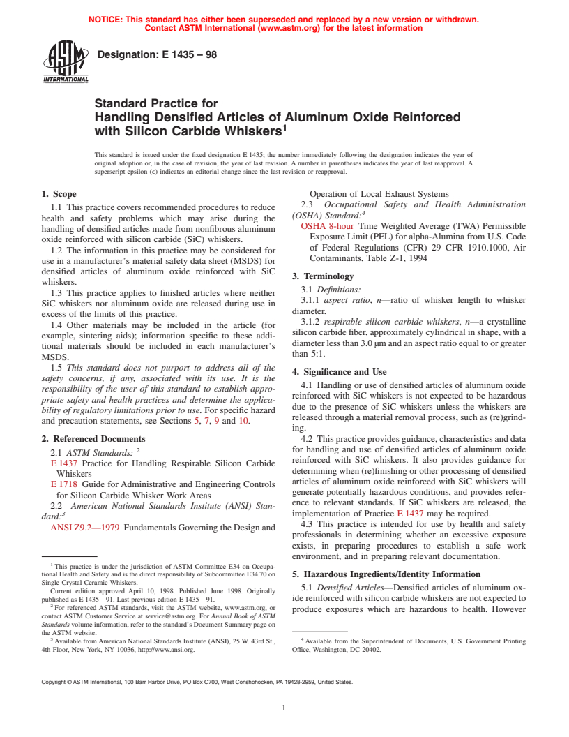 ASTM E1435-98 - Standard Practice for Handling Densified Articles of Aluminum Oxide Reinforced with Silicon Carbide Whiskers (Withdrawn 2007)