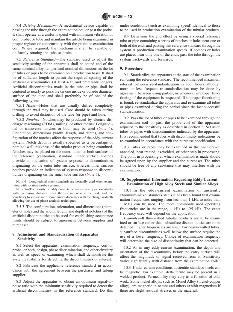 ASTM E426-12 - Standard Practice for  Electromagnetic (Eddy-Current) Examination of Seamless and Welded Tubular Products, Titanium, Austenitic Stainless Steel and Similar Alloys