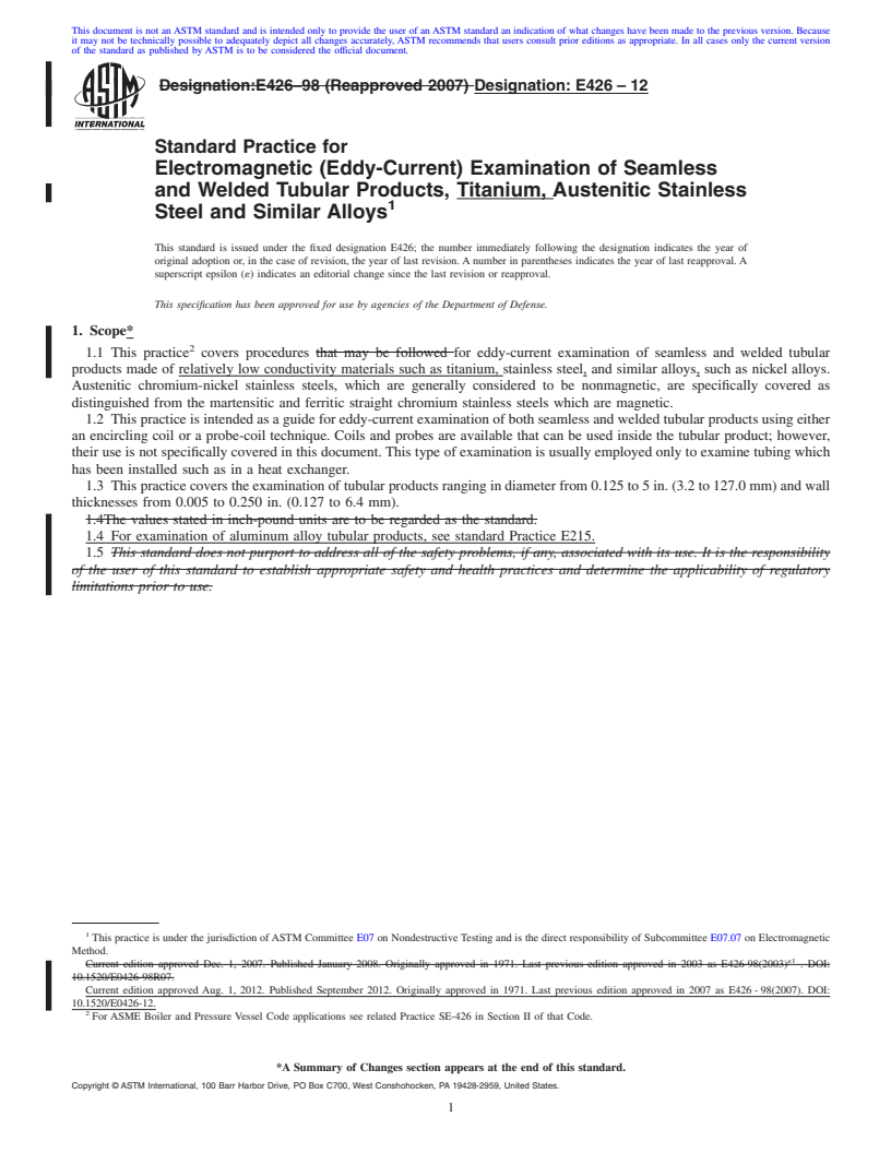 REDLINE ASTM E426-12 - Standard Practice for  Electromagnetic (Eddy-Current) Examination of Seamless and Welded Tubular Products, Titanium, Austenitic Stainless Steel and Similar Alloys