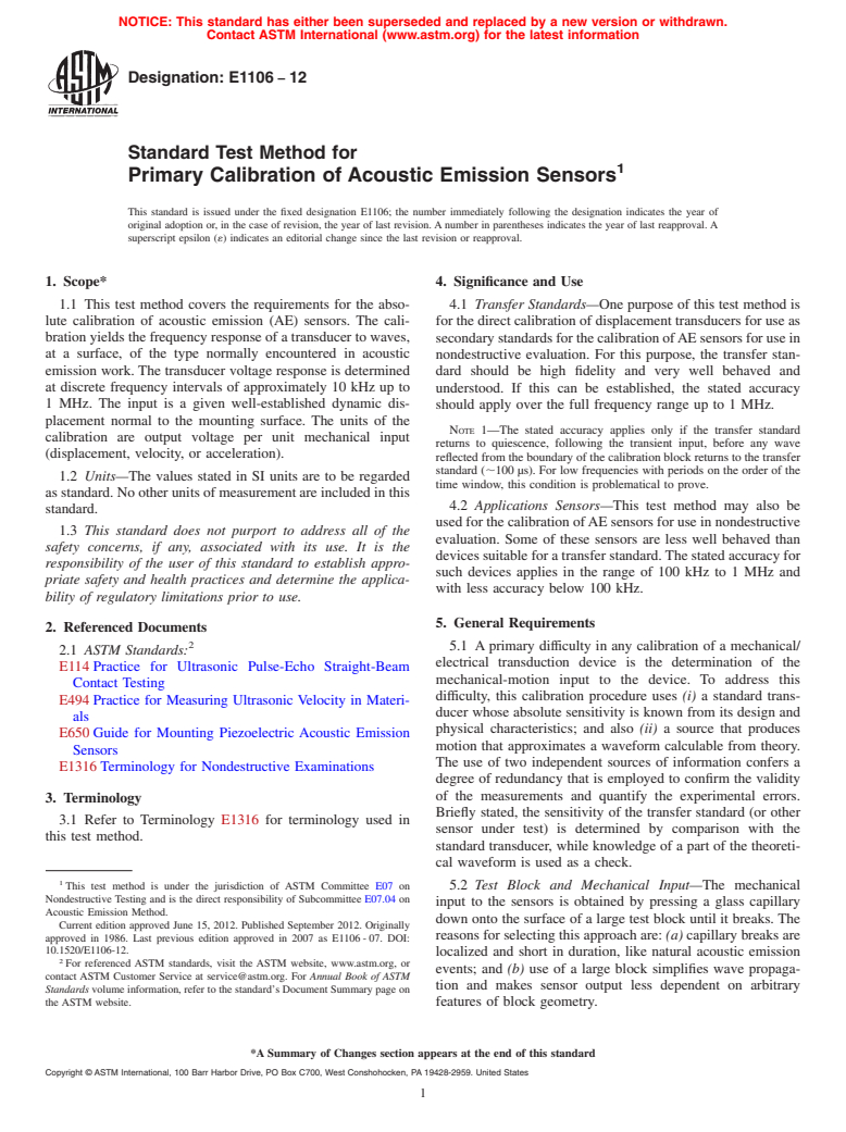 ASTM E1106-12 - Standard Test Method for  Primary Calibration of Acoustic Emission Sensors