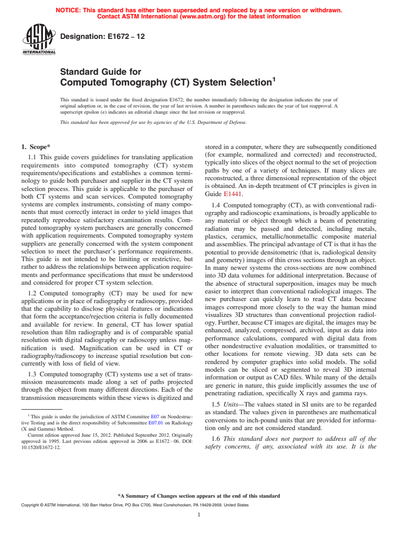 ASTM E1672-12 - Standard Guide for Computed Tomography (CT) System Selection