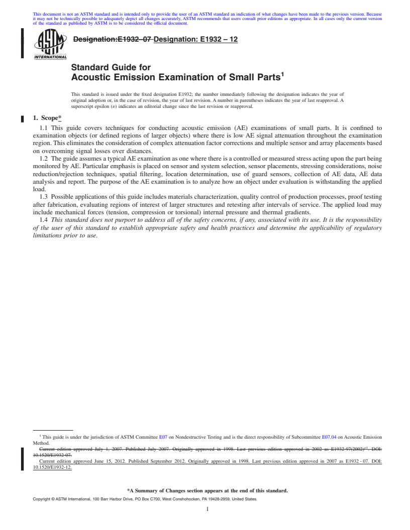 REDLINE ASTM E1932-12 - Standard Guide for Acoustic Emission Examination of Small Parts