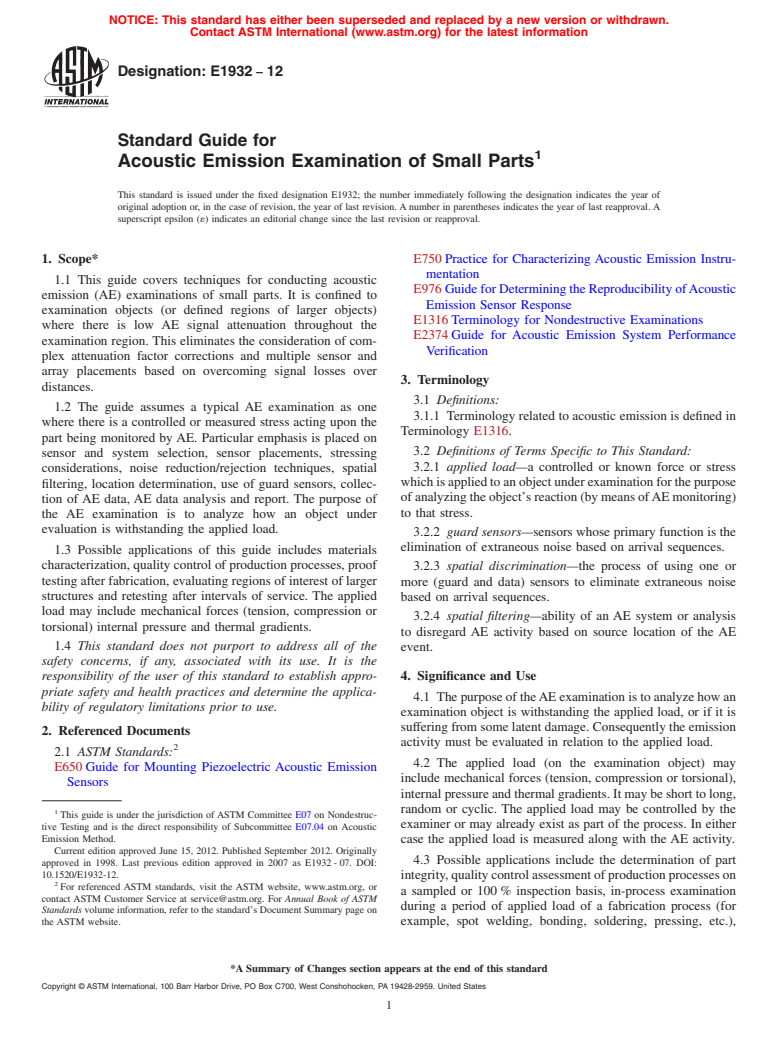 ASTM E1932-12 - Standard Guide for Acoustic Emission Examination of Small Parts